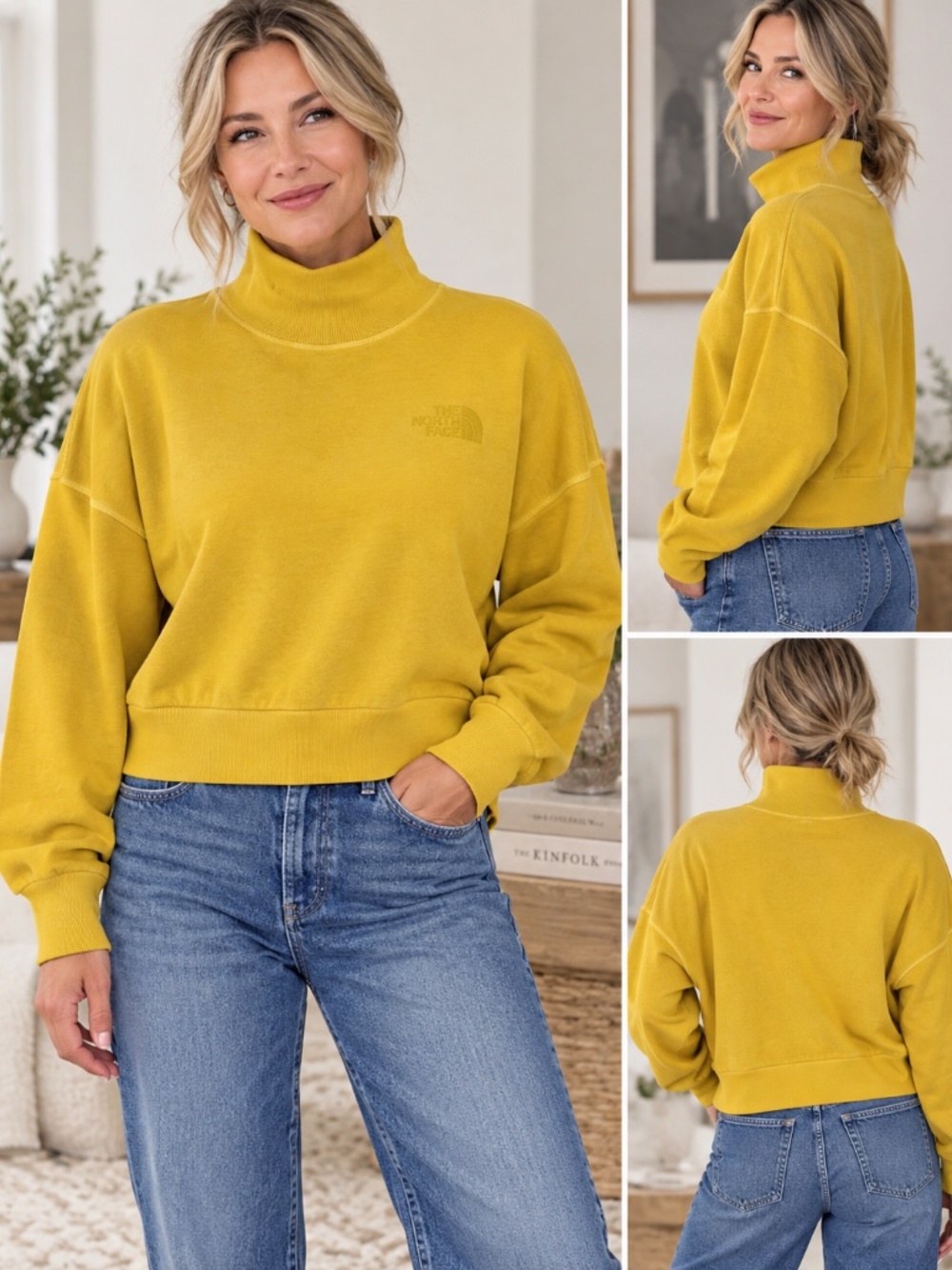 The North Face Garment Dye Mock Neck Cropped Sweatshirt Yellow XXL